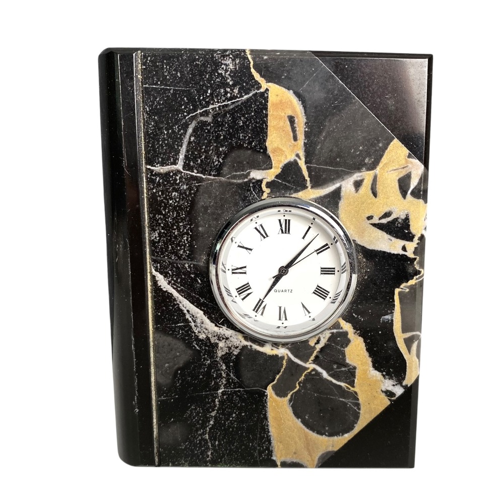 Vintage Marble Book Desk Clock Black Gold Veined Quartz‎ Roman Numeral Office